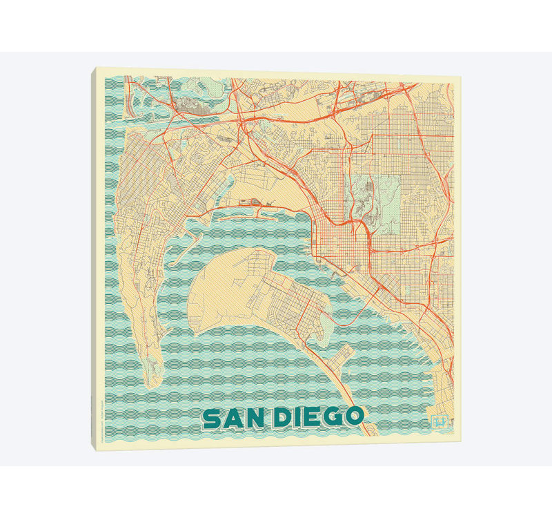 « san diego rétro urban blueprint map », reproduction d’impression sur toile, H 26 po x l 26 po x P 1,5 po, Toile tendue
