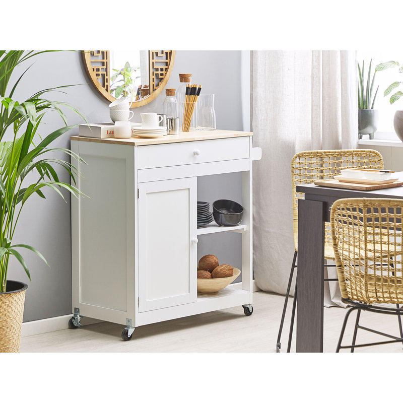 Ambon Solid Wood Top Kitchen Trolley, White