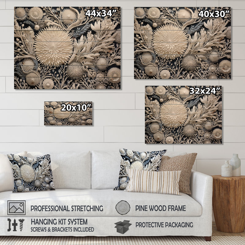 Gray Coral Flowers - Coastal Coral Under Water Wood Wall Art On Natural Pine Wood, 24" H x 32" W