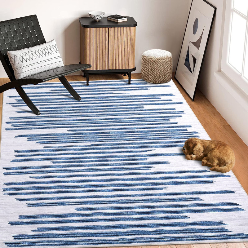 Tapis rayé en polyester bleu Kr Krellyn, Rectangle 8 pi x 10 pi