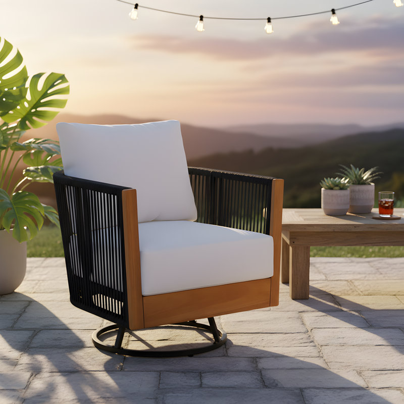 Tavik Patio Acacia Wood Swivel Lounge Chair with Handwoven Rope & Cushions, 1, Black
