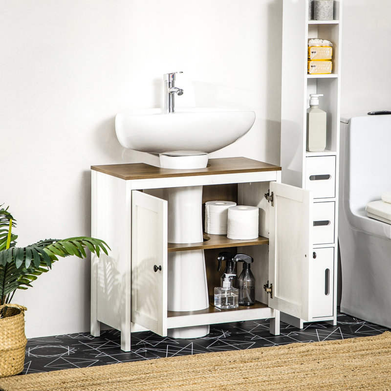 Armoire pour lavabo de salle de bain, sur pied, sous le lavabo, tablette ajustable, rangement pour porte double avec portes, aspect blanc antique