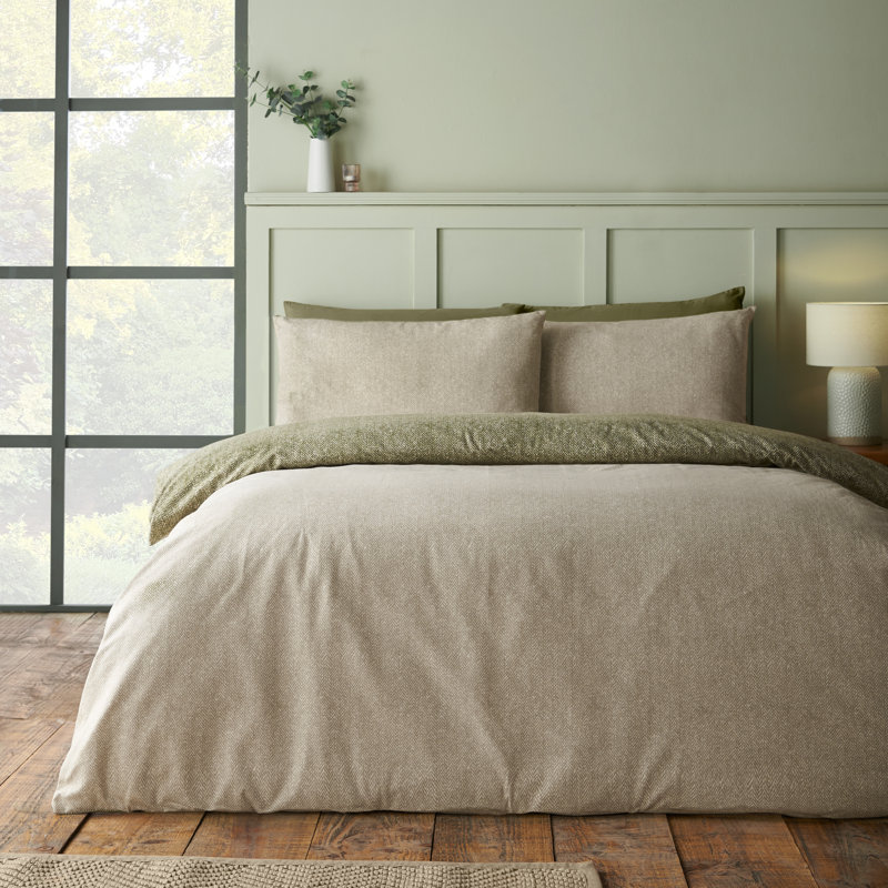Brushed Herringbone Cotton Reversible Duvet Cover Set, Super King, Green