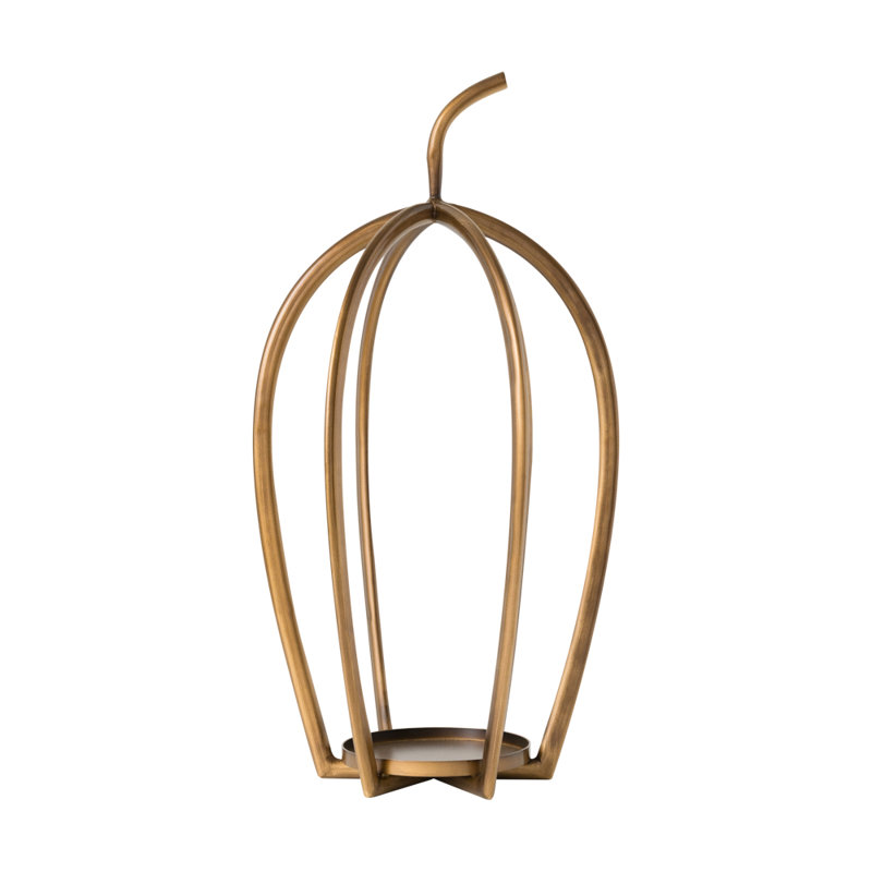Golden pumpkin-shaped floor tabletop candle holer, 20.25'' H X 9.25'' W X 10.625'' D