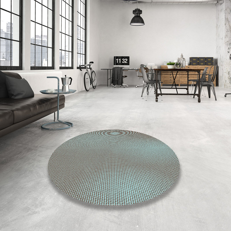 Tapis bleu/gris à motifs Kattamuri, Rond 4 pi