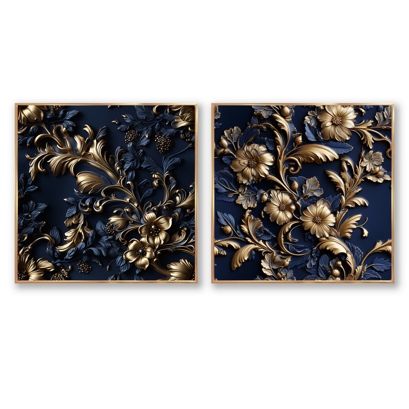 Cobalt Blue Gilded Frames Victorian Pattern - Abstract Botanicals Square Collage Set Of 2, Gold Floater Framed, 36" H x 73" W