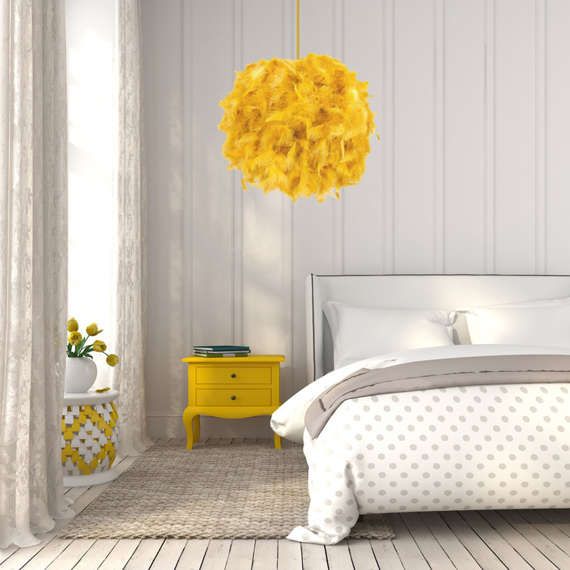 Eye-Catching and Modern Genuine Feather Decorated Pendant Light Shade, Ochre, 20cm H x 25cm W x 25cm D