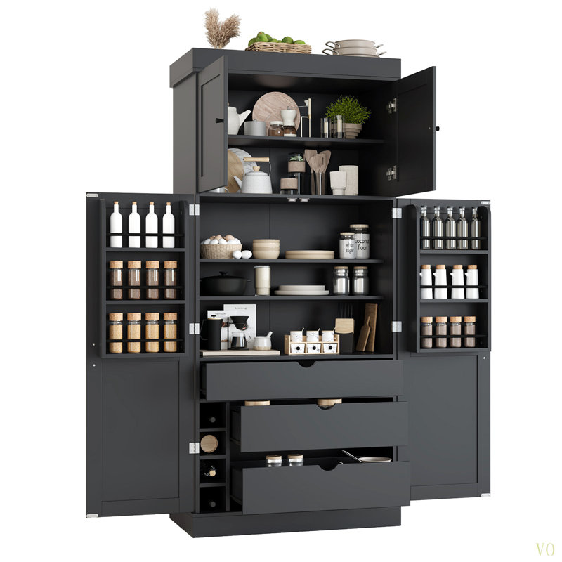77'' Tall Freestanding Kitchen Pantry, 35''Lx17.7''W Modern Shaker Style Cupboard Storage Cabinet With Adjustable Shelves,Door Shelves, Drawers And Wine Racks