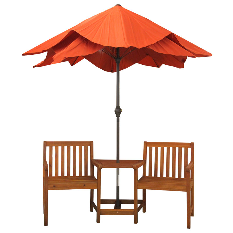 3-Piece Brown Acacia Wood Jack and Jill Chair with Table Outdoor Patio Set 70"