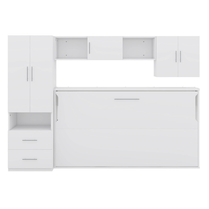 Lit escamotable simple avec tablettes et tiroirs, armoire encastrée et table