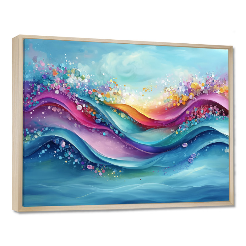 Linehan rose et bleu encre océanique vagues II - art mural toile côtière, H 34 po x l 44 po, Crème, crème, Cadre flottant