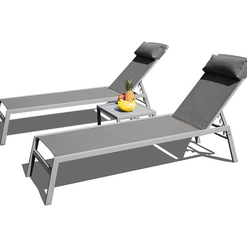 3 Pieces Aluminum Poolside Lounge Chairs , Fabric, 5 Adjustable Back, , Grey, For Patio, Garden, Balcony Material, Lawn Area