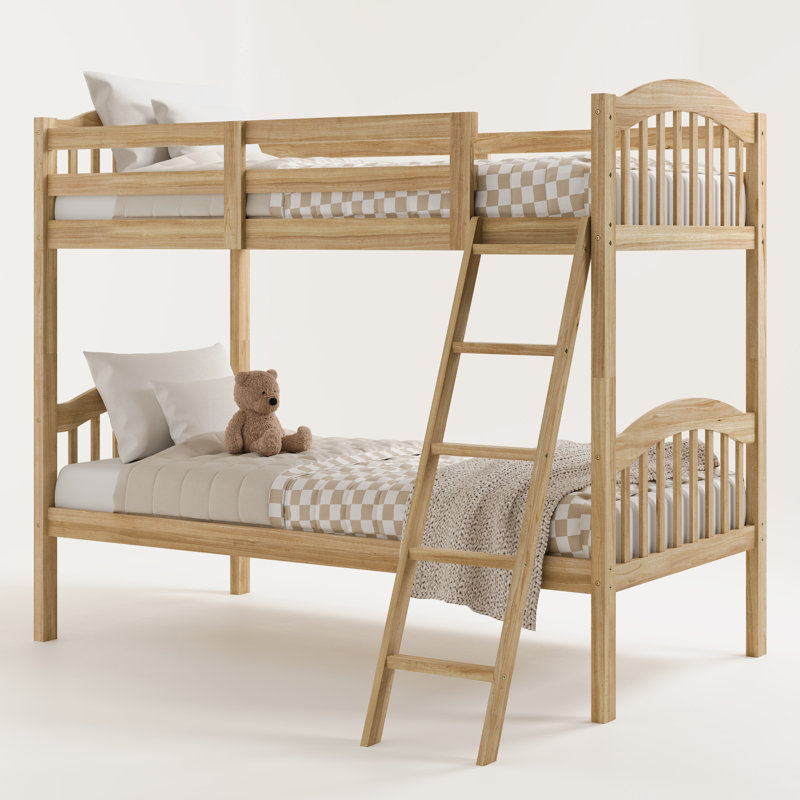 Natural Twin Over Twin Wood Bunk Bed with Ladder and Guardrails