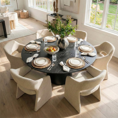 Ensemble de table de salle à manger pour 6 personnes avec table ronde et 6 chaises rembourrées en tissu