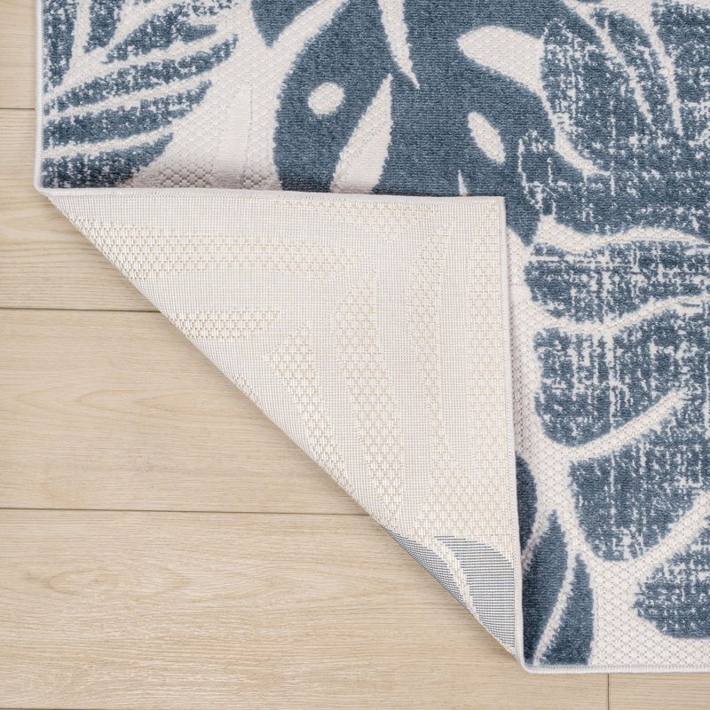 Etolin Tropical Leaf High-Low Light Gray/Navy Indoor/Outdoor Rug, Runner 2'3" x 8', Light Gray/Navy