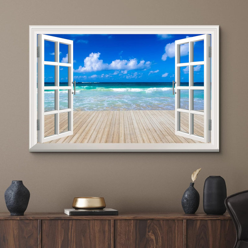 «Window Scenery Clear Sea and Wooden Pier», reproduction d'impression sur toile tendue, H 32 po x l 48 po