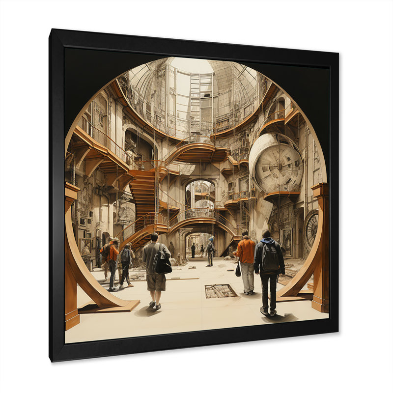 Musées, dessin I sur toile, Cadre simple noir, H 36 po x l 36 po x P 1,5 po