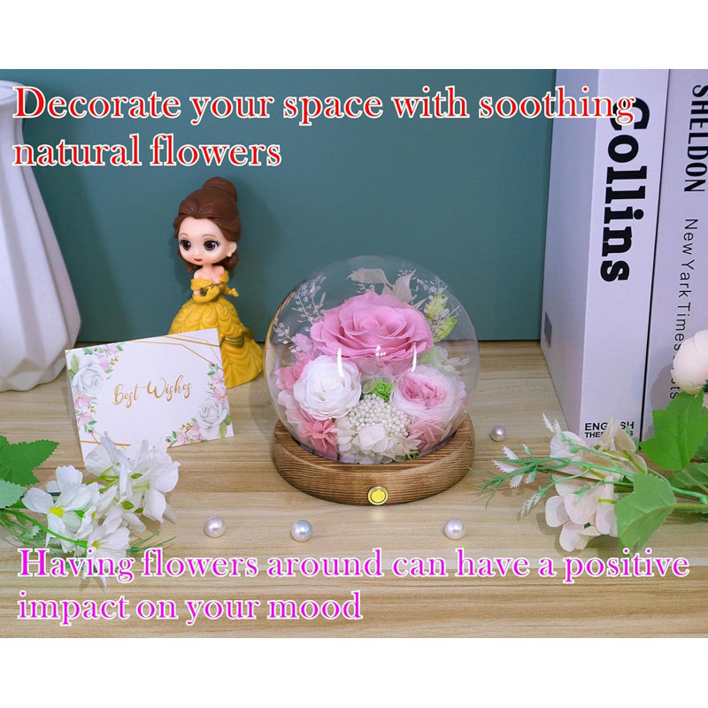 Cadeau de vraies fleurs préservées avec lumières DEL rose et roses blanches