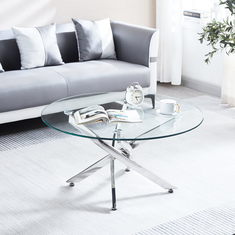 Round Tempered Glass Coffee Table With Legs, 35.4" Top, Silver Style 35.4 Inch Diameter Silver, Creating A Stylish Family Space