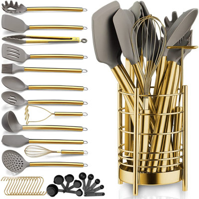 Ensemble d'ustensiles de cuisine, outils de cuisson en silicone antiadhésifs, ensemble de spatules avec porte-ustensiles en acier inoxydable robuste, va au lave-vaisselle (38 pièces / or)