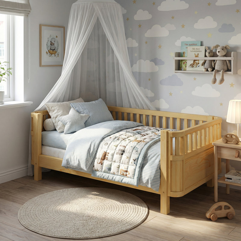 Low Profile Kids Platform Bed with Safety Rails, Removable Guardrail Toddler Bed Frame, Wood Slat Support, Natural, Twin