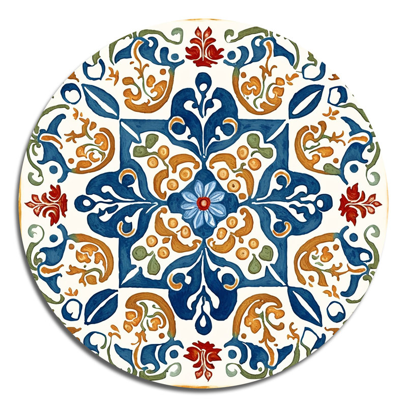 Carreaux de la Méditerranée en bleu rétro VII - Art abstrait rond en métal, H 36 po x l 36 po x P 1 po