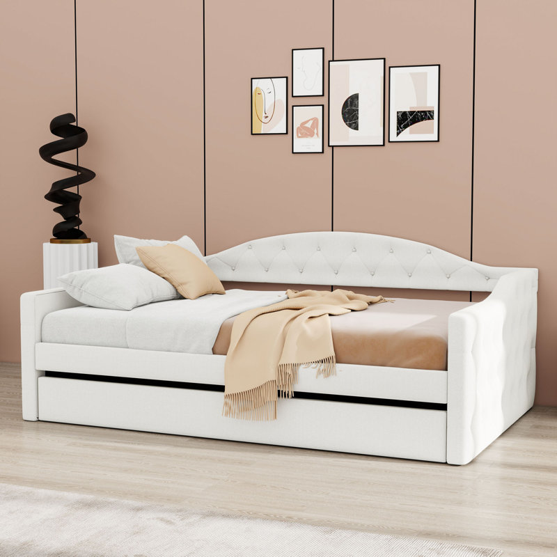 Twin Tufted Upholstered Daybed with Twin Trundle and Built-In Charging Ports, Beige