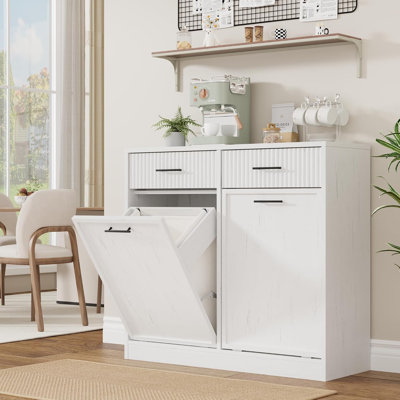 Double Tilt-Out Laundry Hamper Cabinet with 2 Drawers and Removable Baskets, 20 Gallon Wooden Hidden Trash Can Cabinet, Farmhouse Fluted Storage Cabinet for Bathroom, Kitchen and Living Room