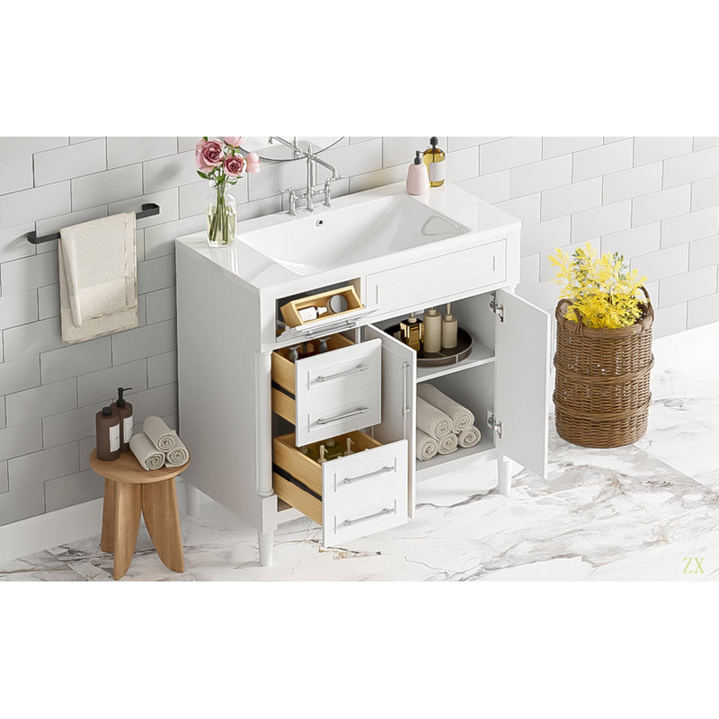 Meuble-lavabo de 36 po avec lavabo en résine supérieur, armoire de rangement autoportante avec 2 tiroirs et un tiroir basculant, ensemble de meuble-lavabo avec cadre en bois massif, tablette à hauteur réglable