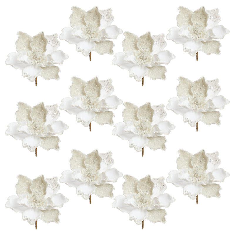 Fleur de magnolia avec pince, ensemble de 12 - 8 X 4,5 pouces, Blanc