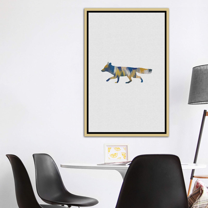 Renard bleu et jaune - impression d'art graphique, H 60 po x l 40po x P 1,5 po, Toile encadrée d'or