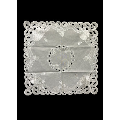 Silver Rose Embroidered Cutwork Square Tablecloth, 36 Inch Square Table Linen Decor, Water Resistance, Machine Wash Safe