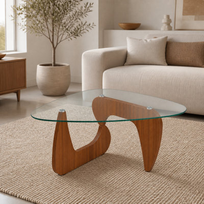 Table basse sculpturale en verre trempé avec base en bois courbé