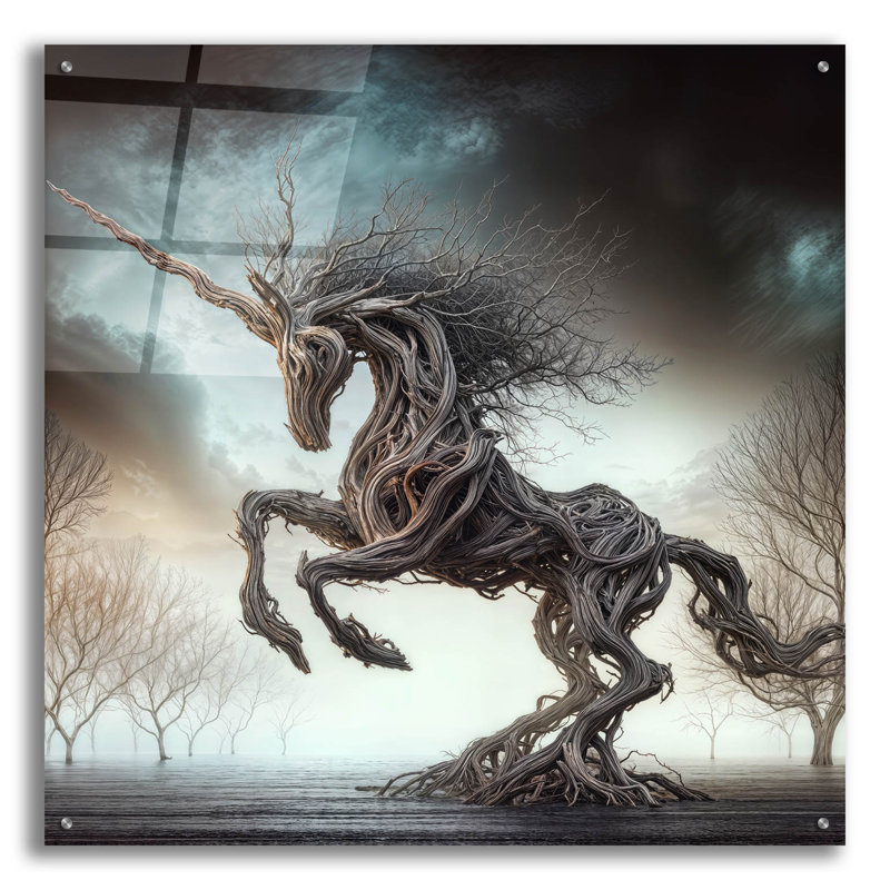«Driftwood Unicorn» par KIR.DART, art mural en verre acrylique, H 36 po x l 36 po