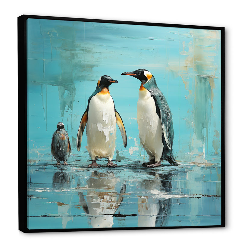 «Penguin Family Elegance In Snow II», reproduction sur toile, Cadre flottant noir, 16" H x 16" W