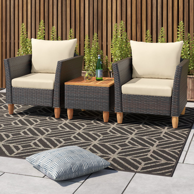 Ensemble de conversation pour 2 personnes avec coussins Antun Almonzo, Structure mixte brun / coussin bleu marine