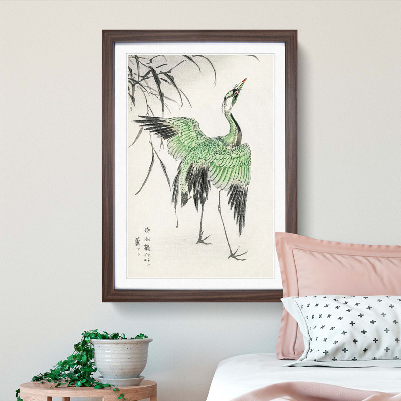 Crane Bird by Numata Kashu - Single Picture Frame Painting on MDF, 50cm H x 35cm W x 2cm D, Walnut Framed