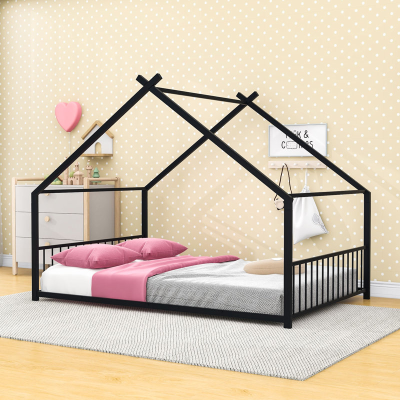 Charming House-Inspired Metal House Bed With Slats, Black, Full