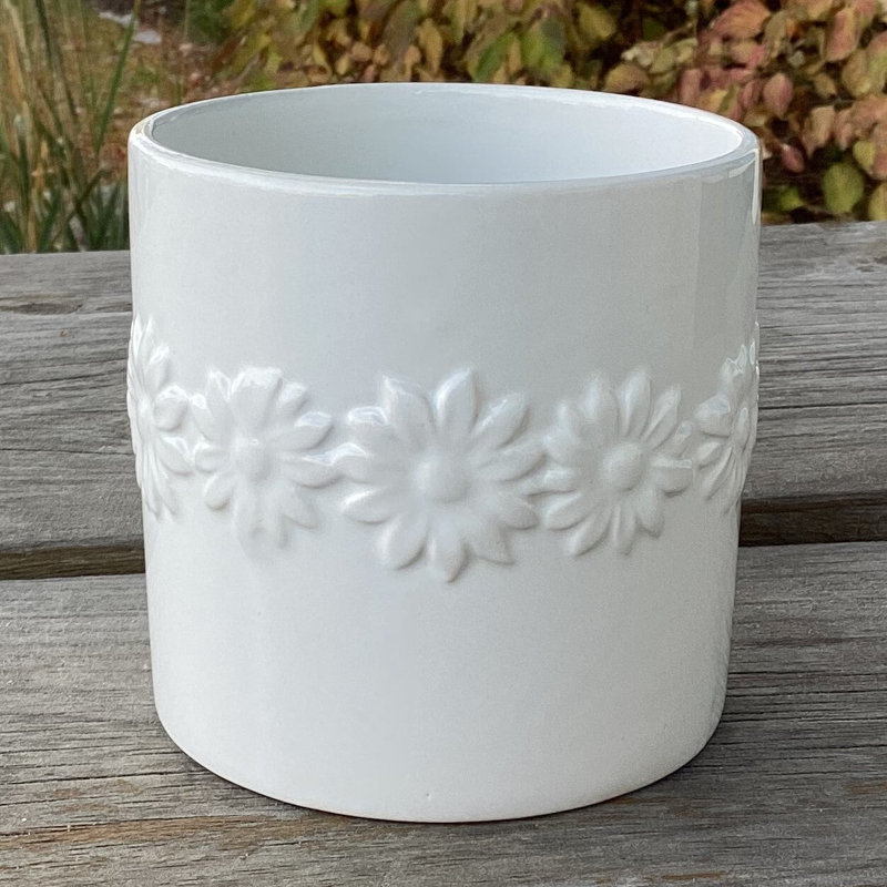 Blanc brillant avec pot de fleurs à motif marguerite
