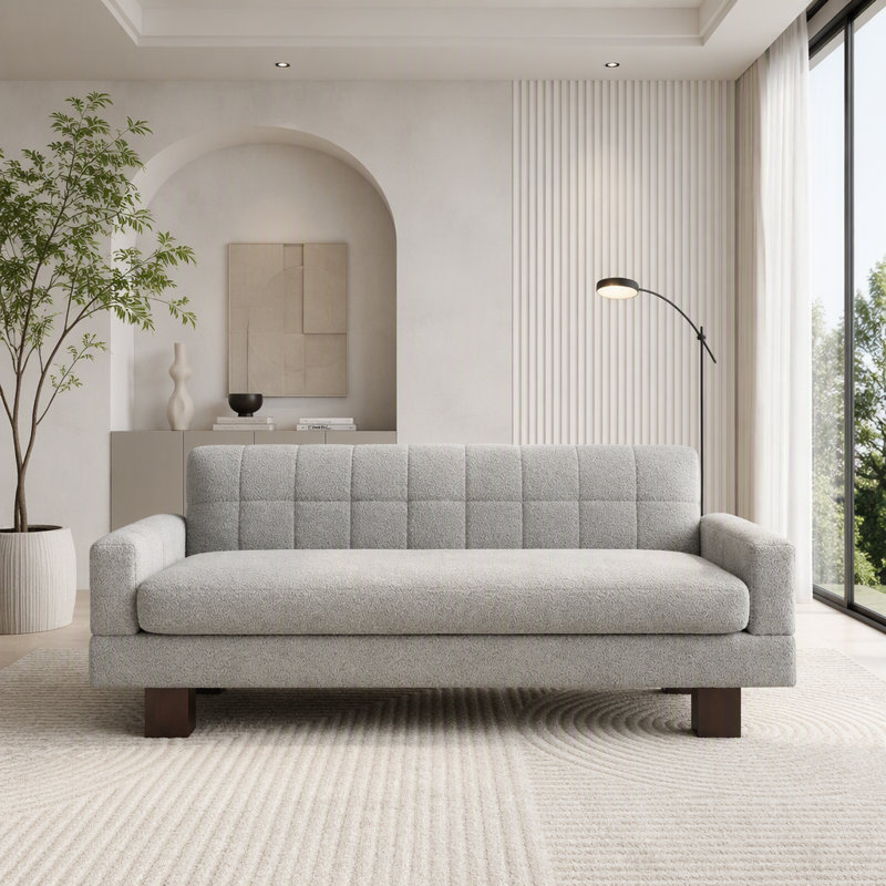 Causeuse moderne avec dossier capitonné et accoudoirs carrés, Boucle gris clair et bleu
