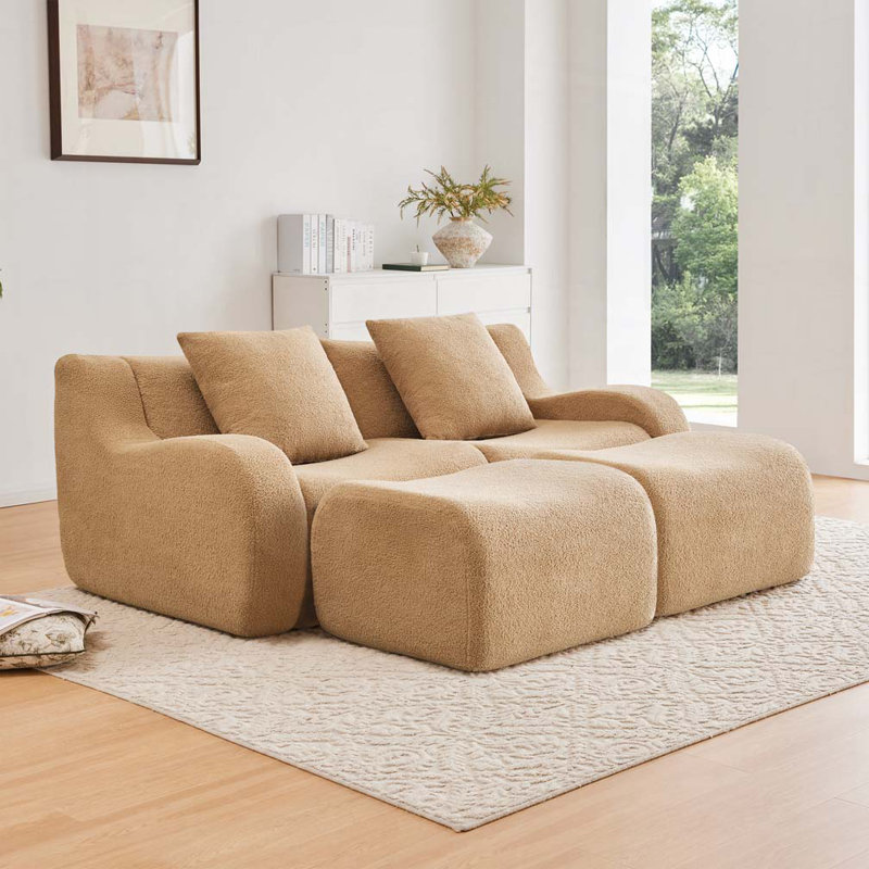 Canapé modulaire en tissu avec 2 repose-pieds Teddy, sans assemblage, Chameau