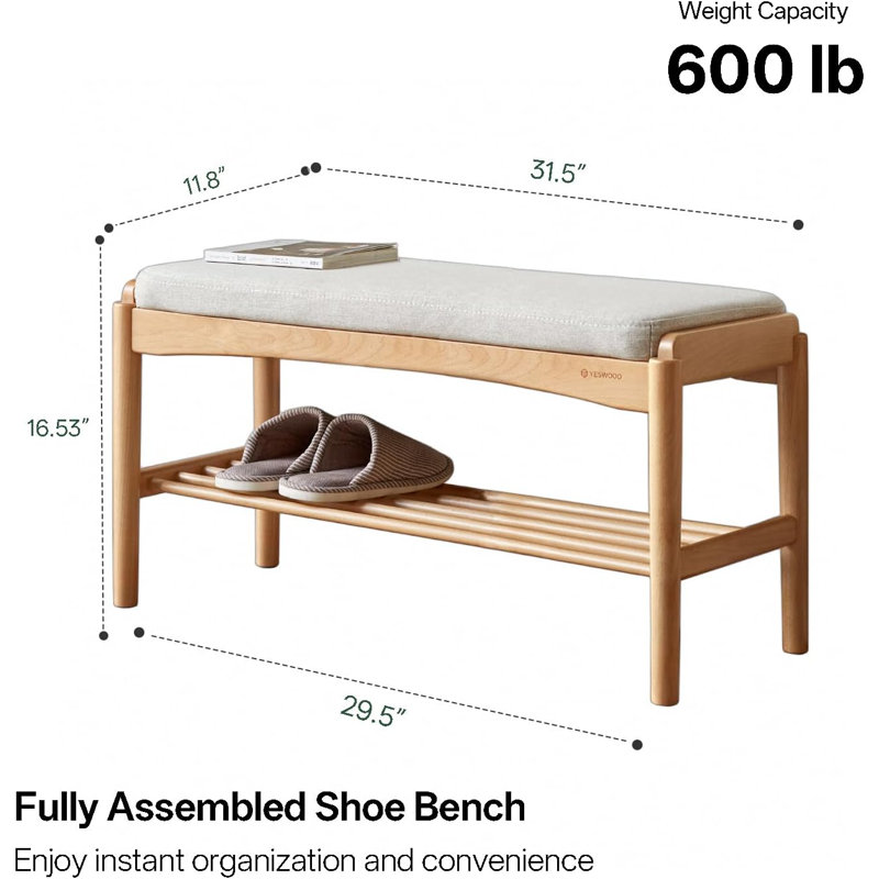 Banc à chaussures rembourré en chêne massif, H 16,53 po x l 31,5 po x P 11,8 po, Chêne naturel / beige