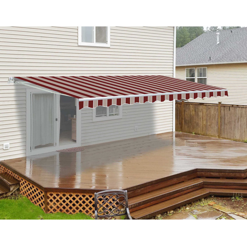 ALEKO Motorized Retractable Outdoor Awning with White Frame, Multistripe Red, 13' W x 10' D