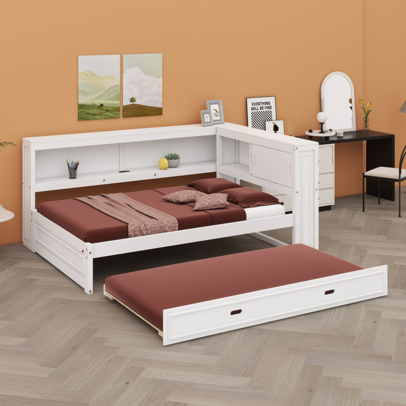 Lit de jour avec tablettes de rangement, ports USB, éclairage DEL et lit gigogne., White