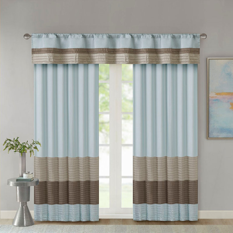 Polyoni Pintuck Curtain Panel(Only 1 Pc Panel), Blue/Beige