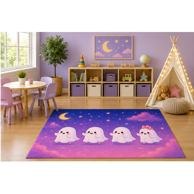 Tapis pour enfants 5 pi x 7 pi avec des amis fantômes, Happy Kawaii fantômes, étoiles de lune, salle de jeux, chambre de bébé, décoration d'Halloween, envers en silicone antidérapant