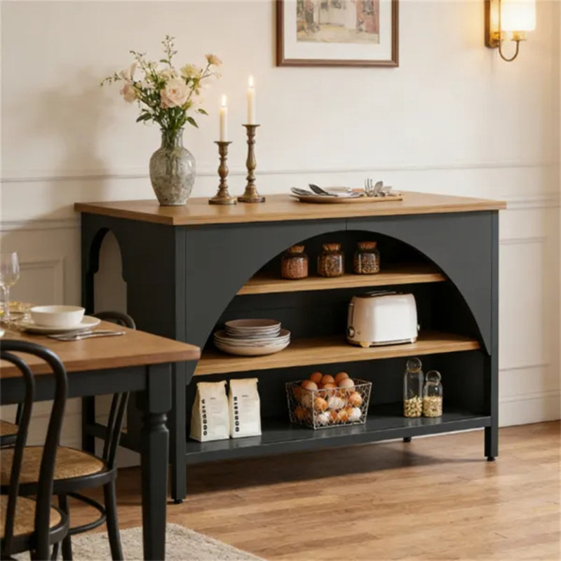 Îlot de cuisine 55,12 po avec 3 tablettes de rangement ouvertes, plateau de table grain de bois et armoire de cuisine