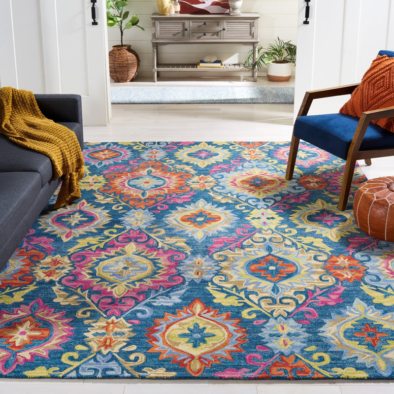 Tomo Hand-Hooked Wool Blue/Yellow Area Rug, Rectangle 8' x 10'