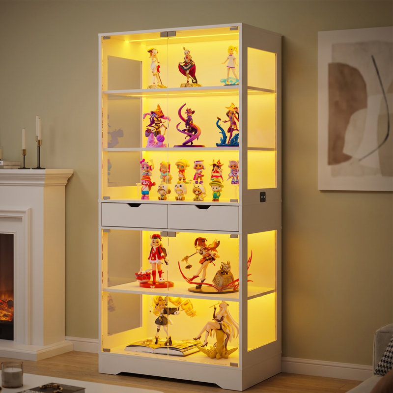 Display Cabinet with Glass Door, Curio Cabinet with RGB LED Lights and Smart Human Sensor, 5-Tier Glass Display Case for Collectibles/Book/Medal/Figure, White