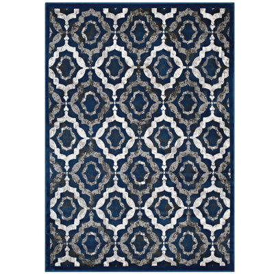 Modway Kalinda Rustic Vintage Moroccan Trellis Area Rug in Beige, Moroccan Blue and Ivory